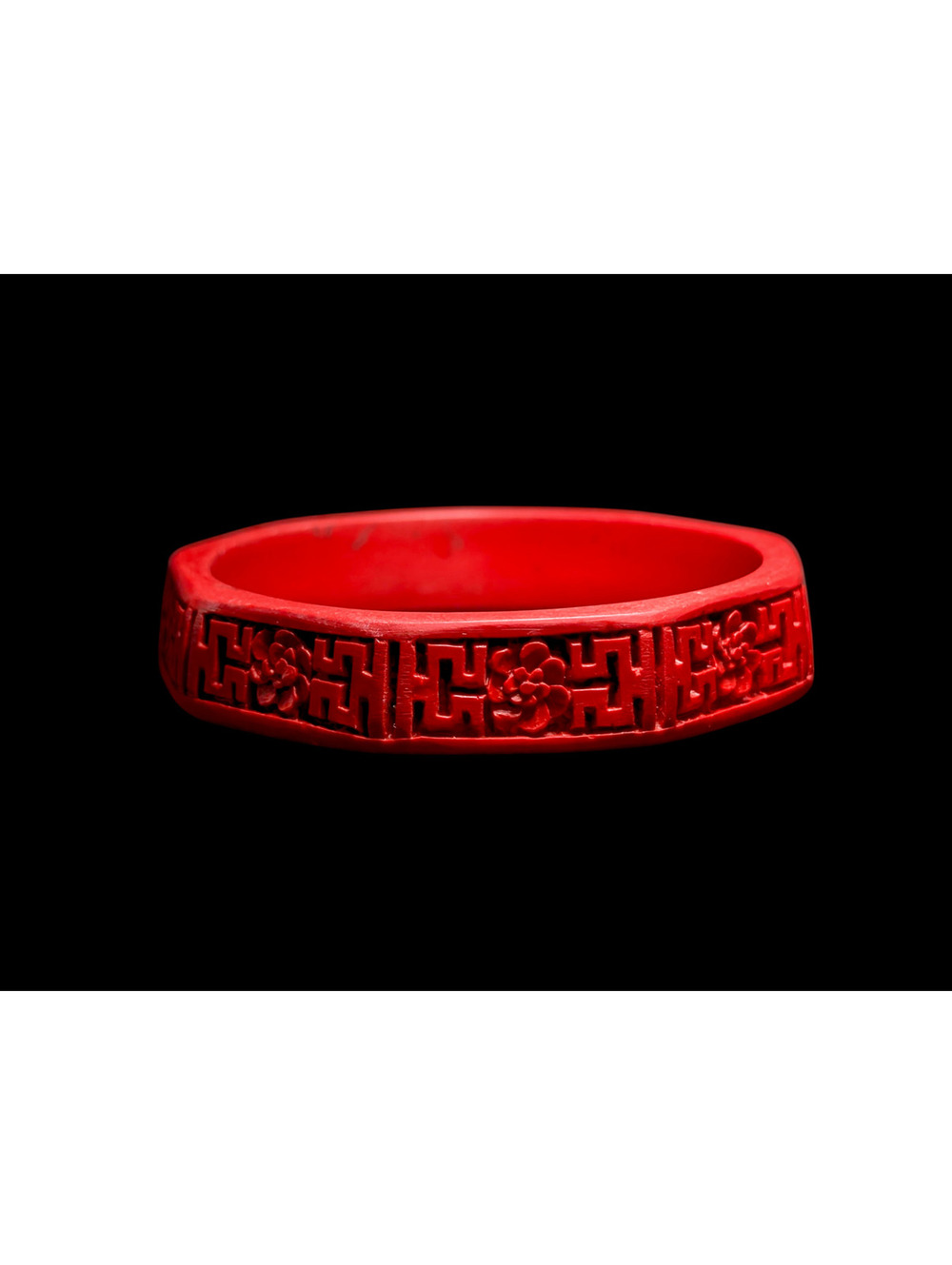 Vintage Red Carved Cinnabar Peonies and Fretwork Bangle Bracelet